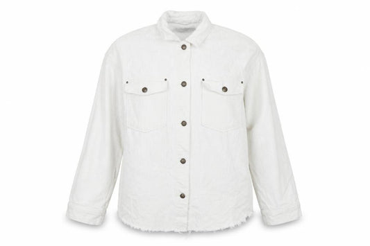 Zara Women White Cotton Corduroy Button Jacket L Collared Pockets