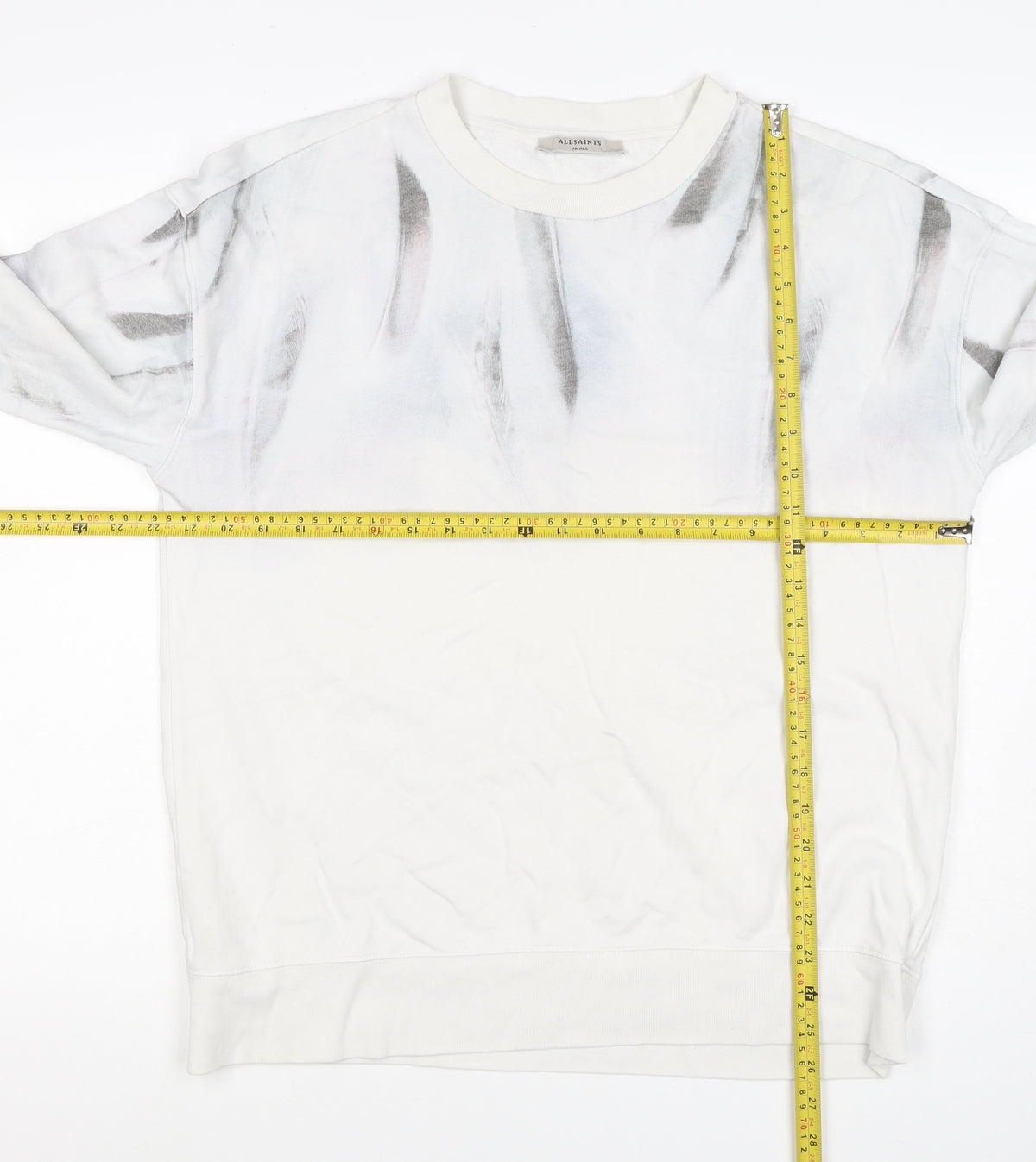AllSaints Men’s White Small Pullover Graphic Print Crew Sweatshirt