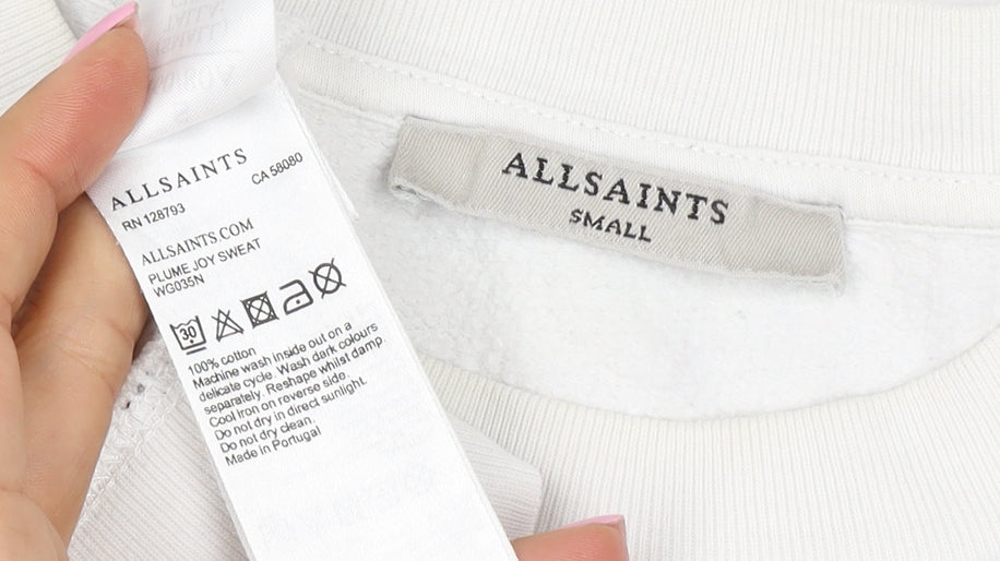 AllSaints Men’s White Small Pullover Graphic Print Crew Sweatshirt