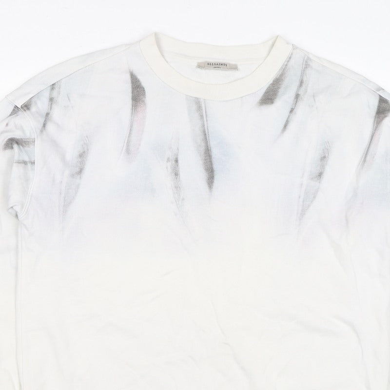 AllSaints Men’s White Small Pullover Graphic Print Crew Sweatshirt