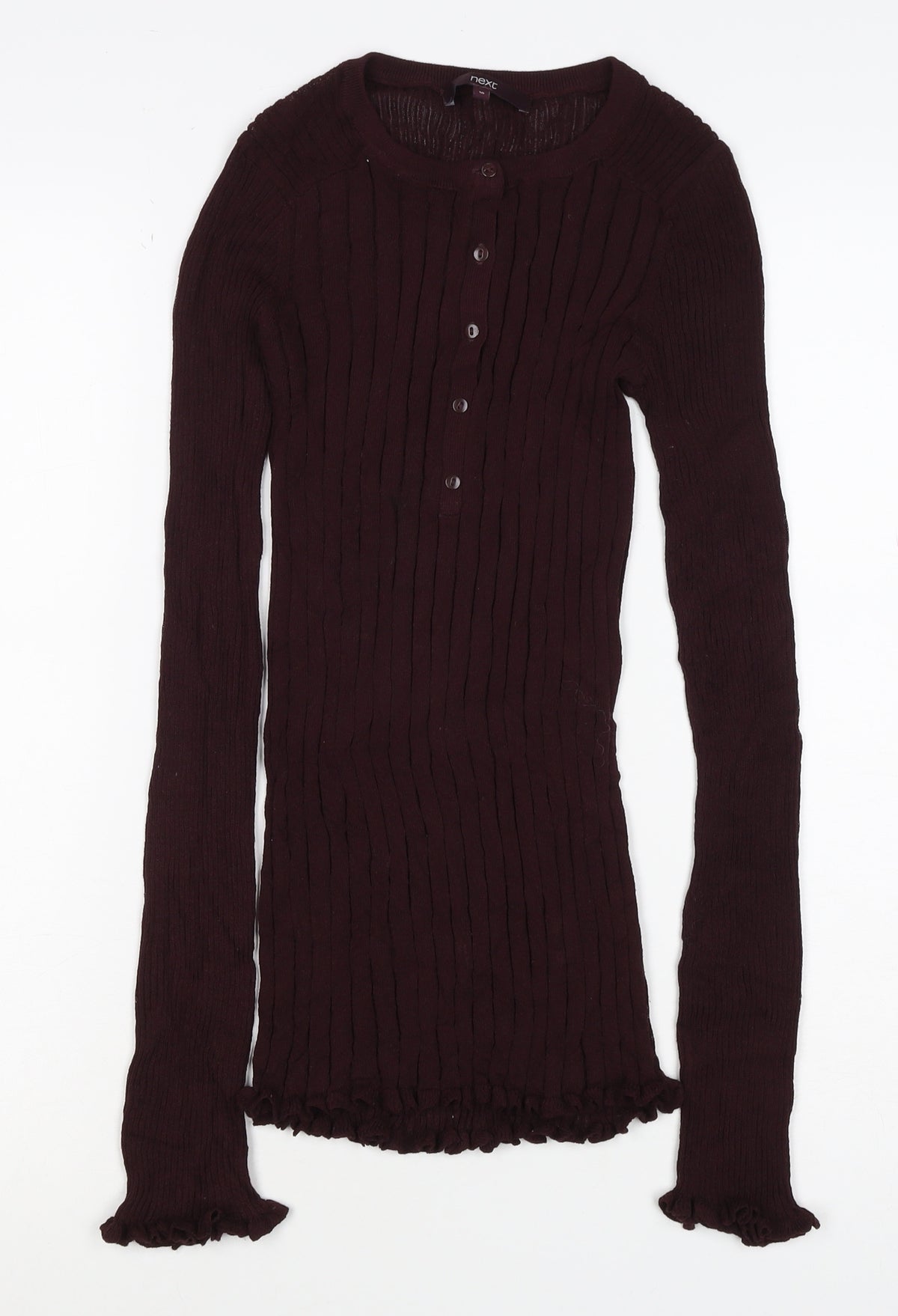 Next Women Brown UK 10 Ribbed Knit Button-Up Long Sleeve Top