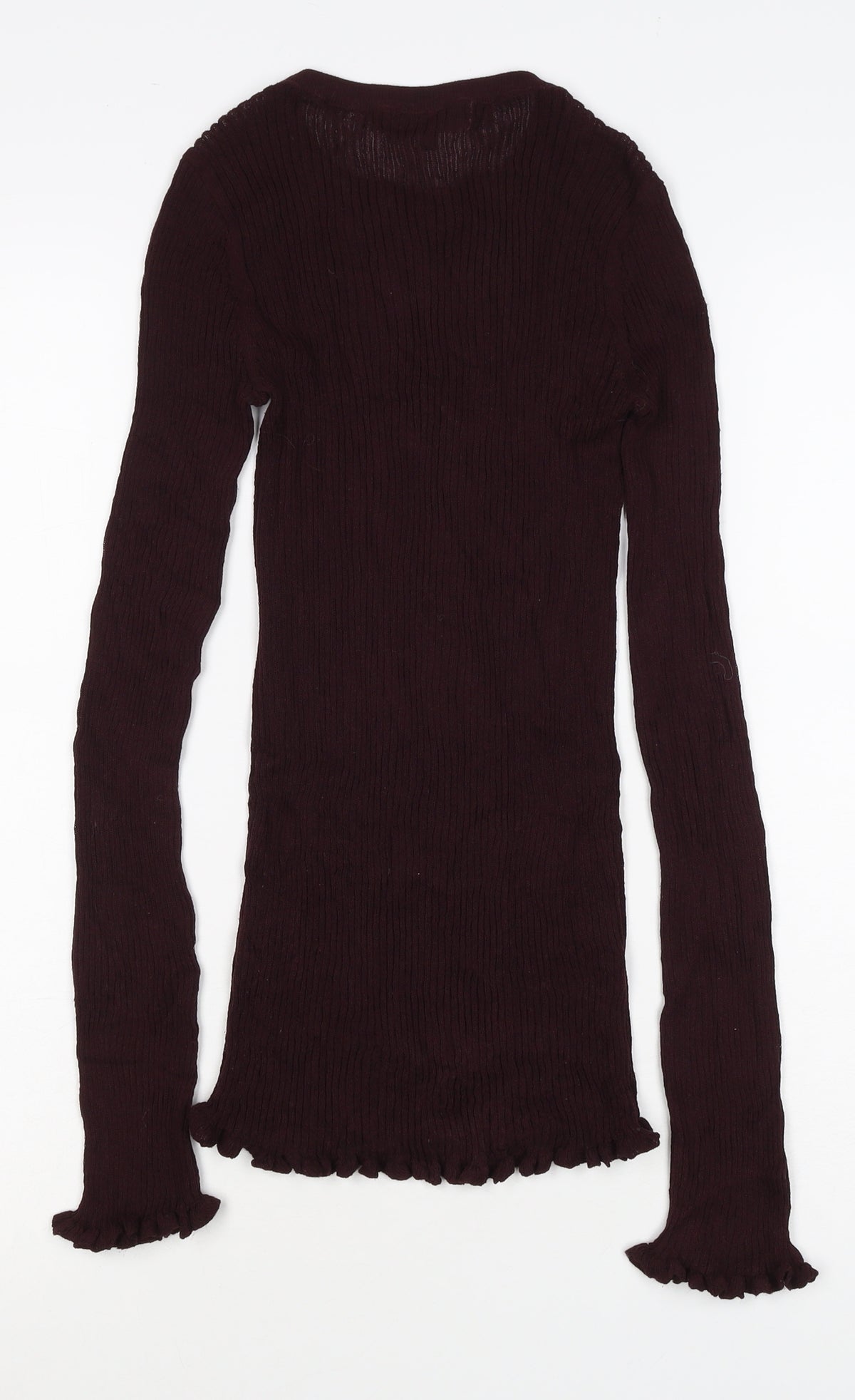 Next Women Brown UK 10 Ribbed Knit Button-Up Long Sleeve Top