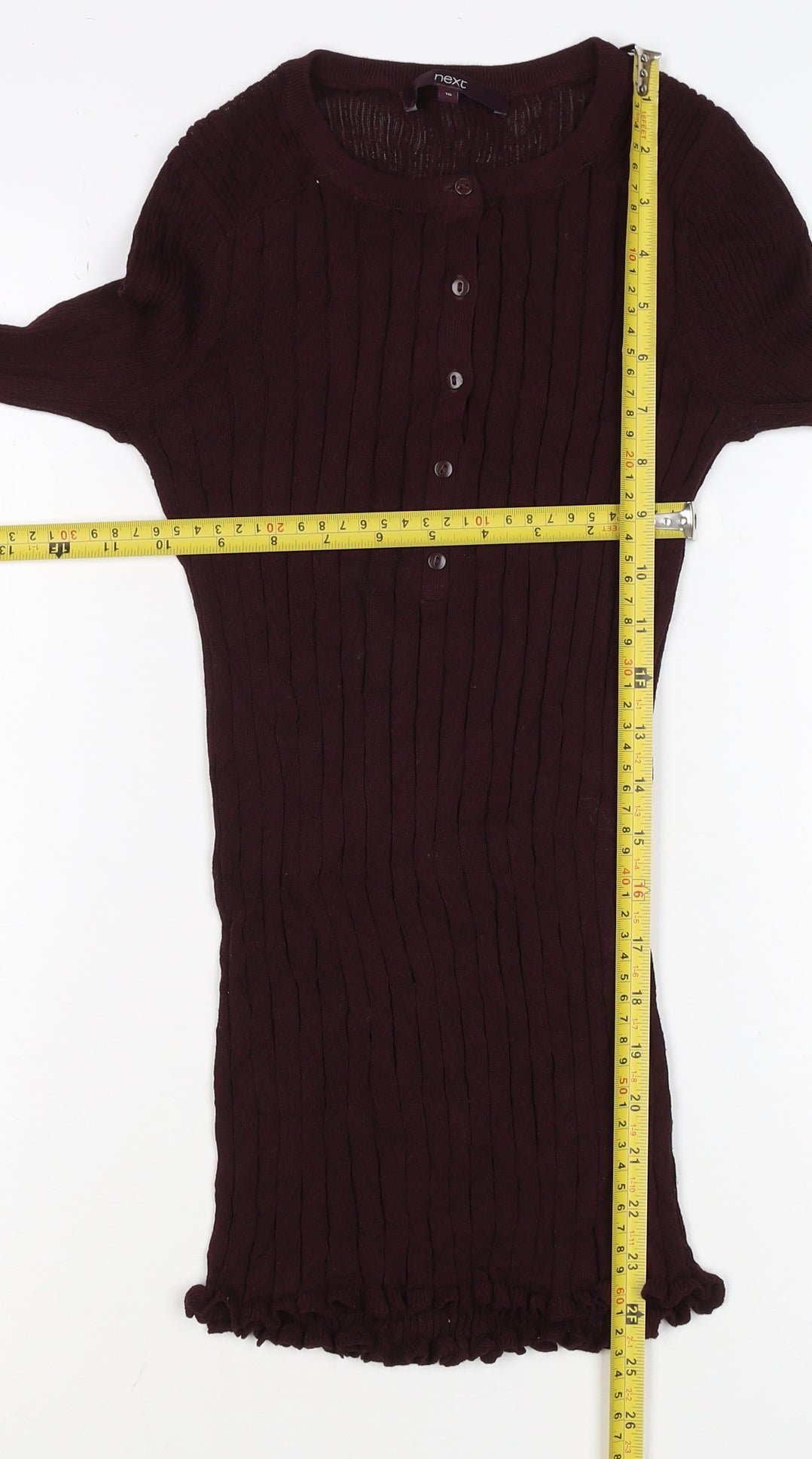 Next Women Brown UK 10 Ribbed Knit Button-Up Long Sleeve Top