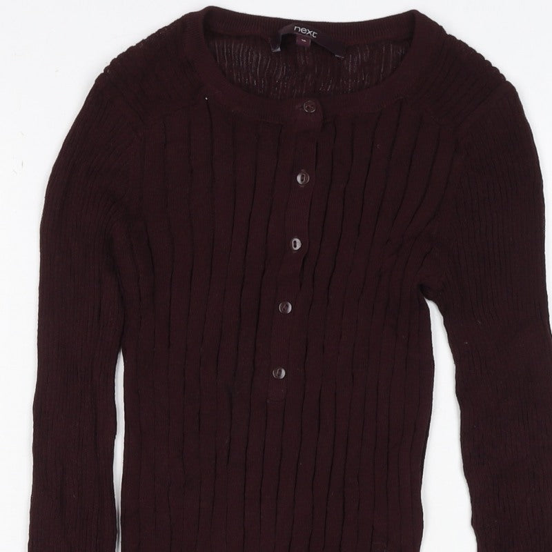 Next Women Brown UK 10 Ribbed Knit Button-Up Long Sleeve Top