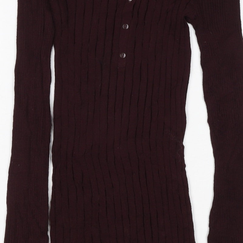 Next Women Brown UK 10 Ribbed Knit Button-Up Long Sleeve Top
