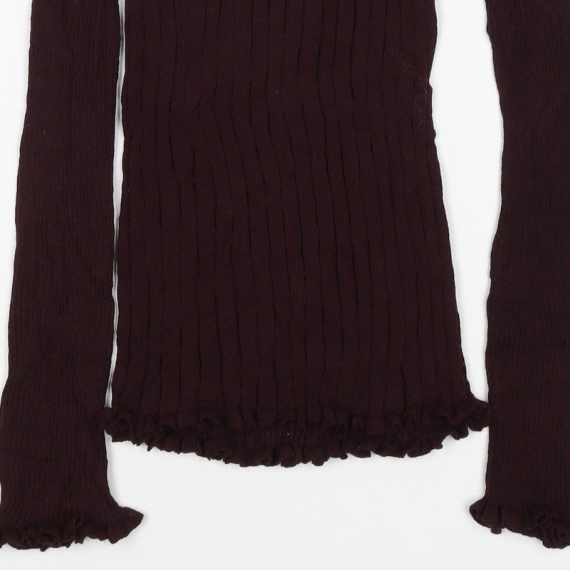 Next Women Brown UK 10 Ribbed Knit Button-Up Long Sleeve Top