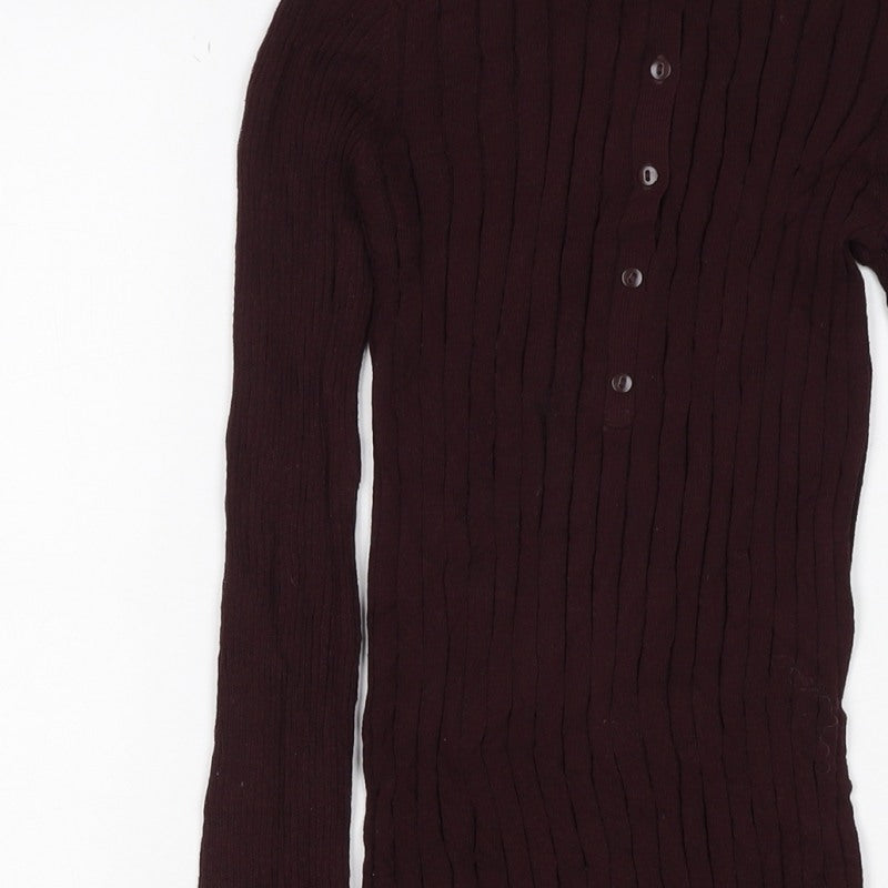 Next Women Brown UK 10 Ribbed Knit Button-Up Long Sleeve Top