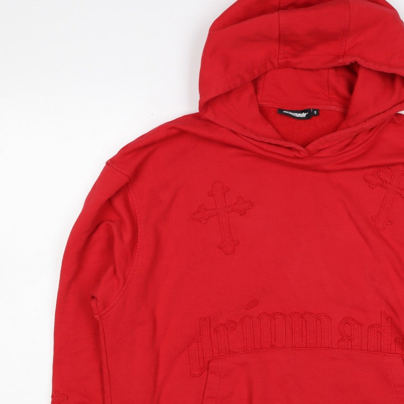Dripmade Men’s Red S Pullover Hoodie Embroidered Cross Gothic