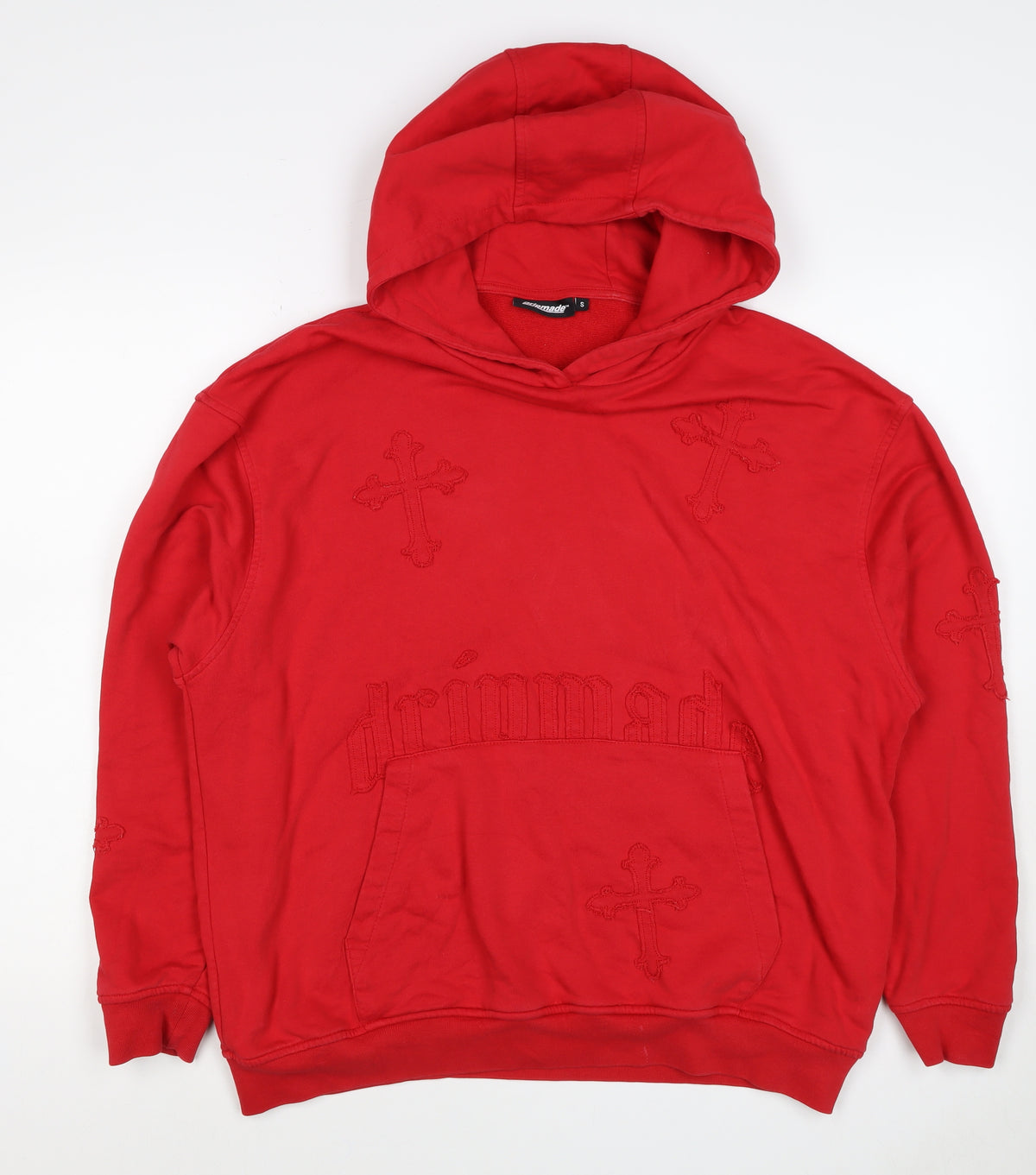 Dripmade Men’s Red S Pullover Hoodie Embroidered Cross Gothic
