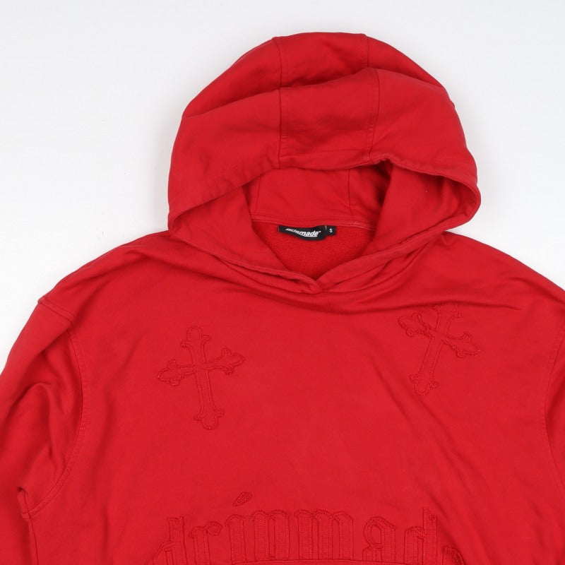 Dripmade Men’s Red S Pullover Hoodie Embroidered Cross Gothic