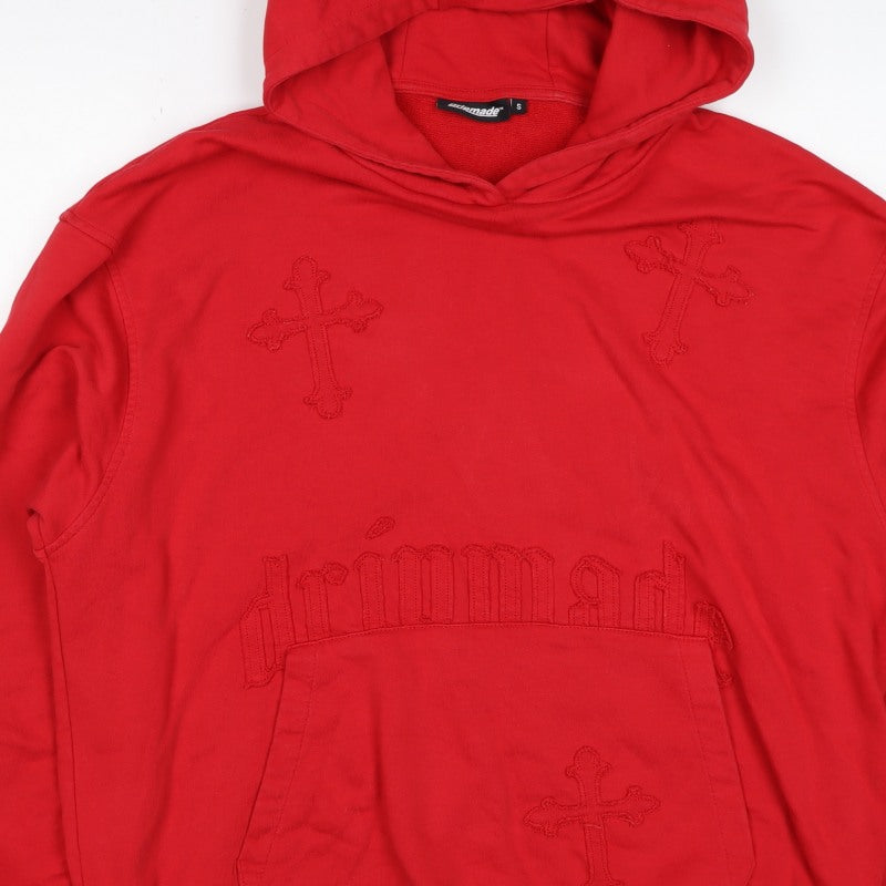 Dripmade Men’s Red S Pullover Hoodie Embroidered Cross Gothic