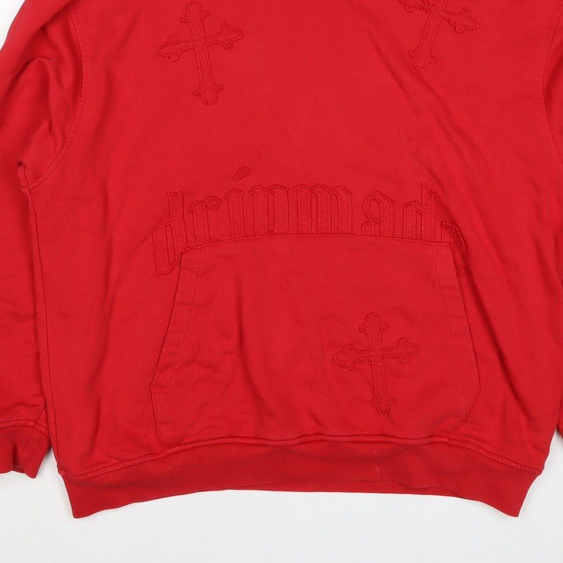Dripmade Men’s Red S Pullover Hoodie Embroidered Cross Gothic