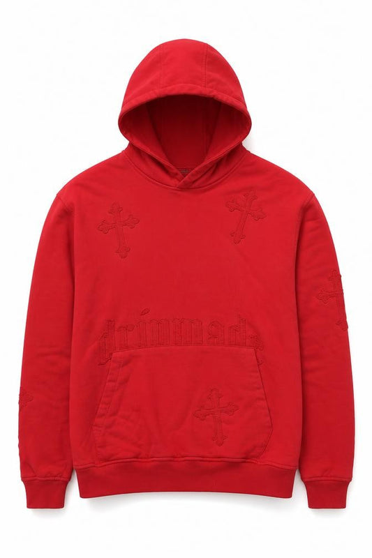 Dripmade Men’s Red S Pullover Hoodie Embroidered Cross Gothic