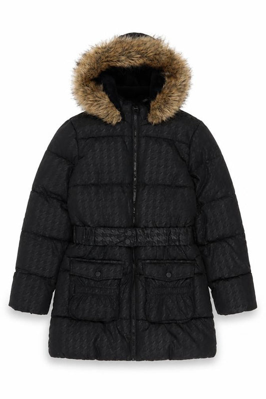 Matalan Girls Black Age 12 Long Hooded Faux Fur Belted Puffer Coat
