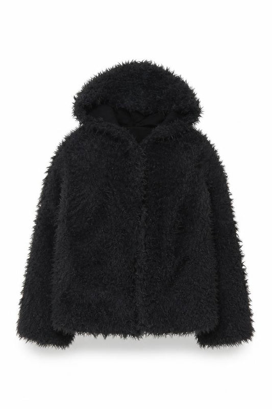 Pull&Bear Women’s Black S Hooded Faux Fur Short Jacket