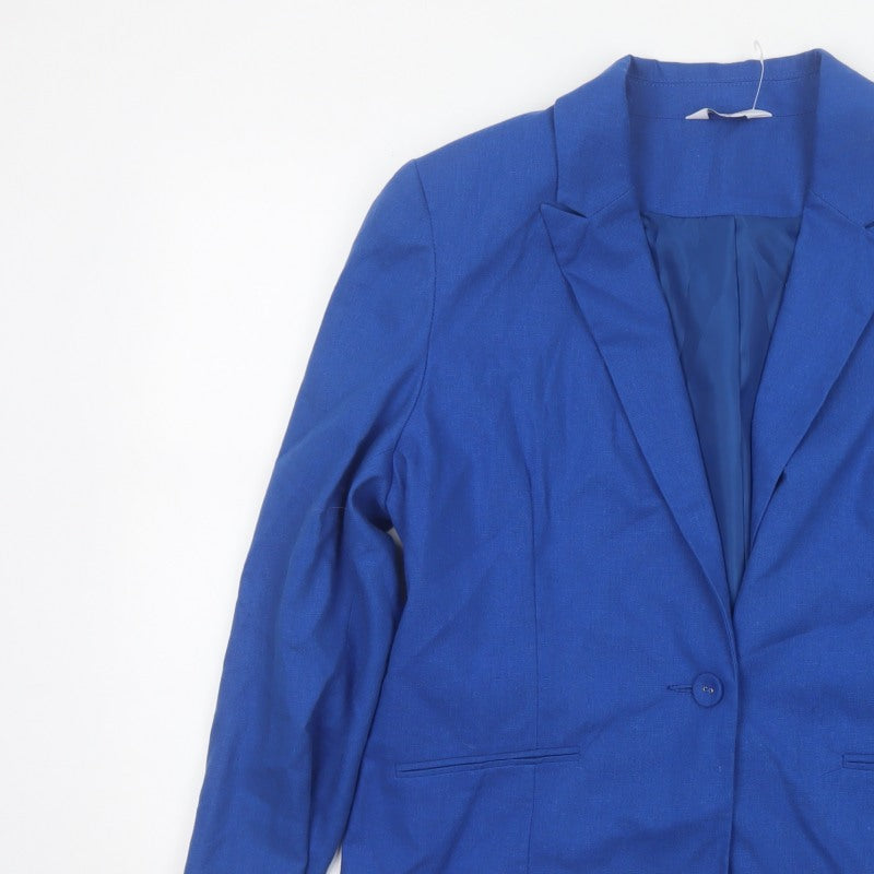 Classic Women’s Blue Size 14 Single-Breasted Linen Blend Blazer