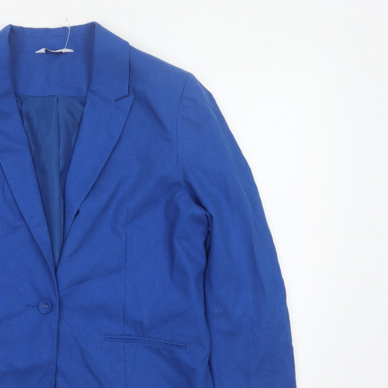 Classic Women’s Blue Size 14 Single-Breasted Linen Blend Blazer