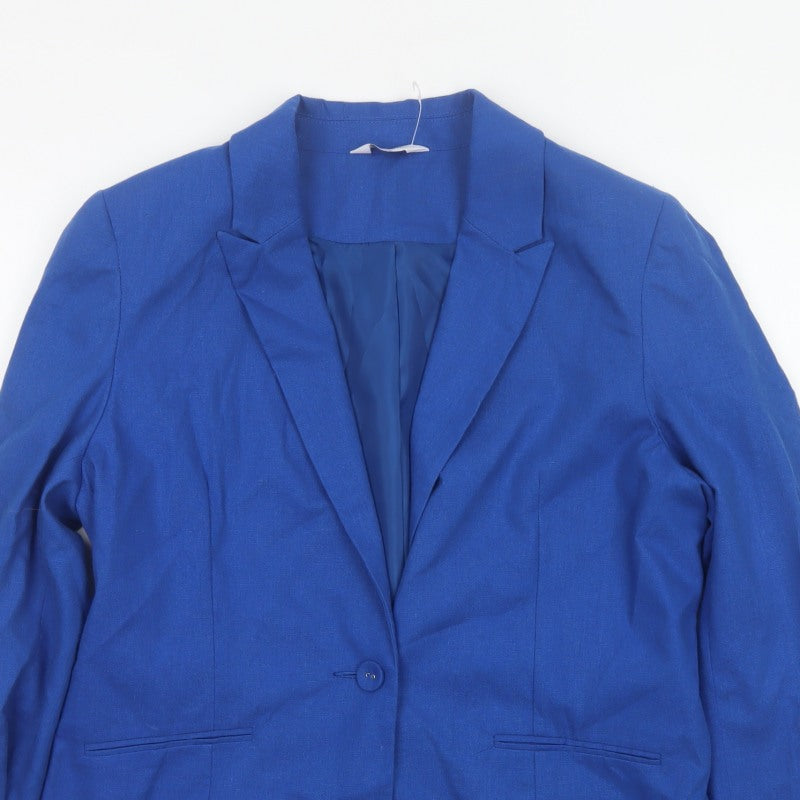 Classic Women’s Blue Size 14 Single-Breasted Linen Blend Blazer