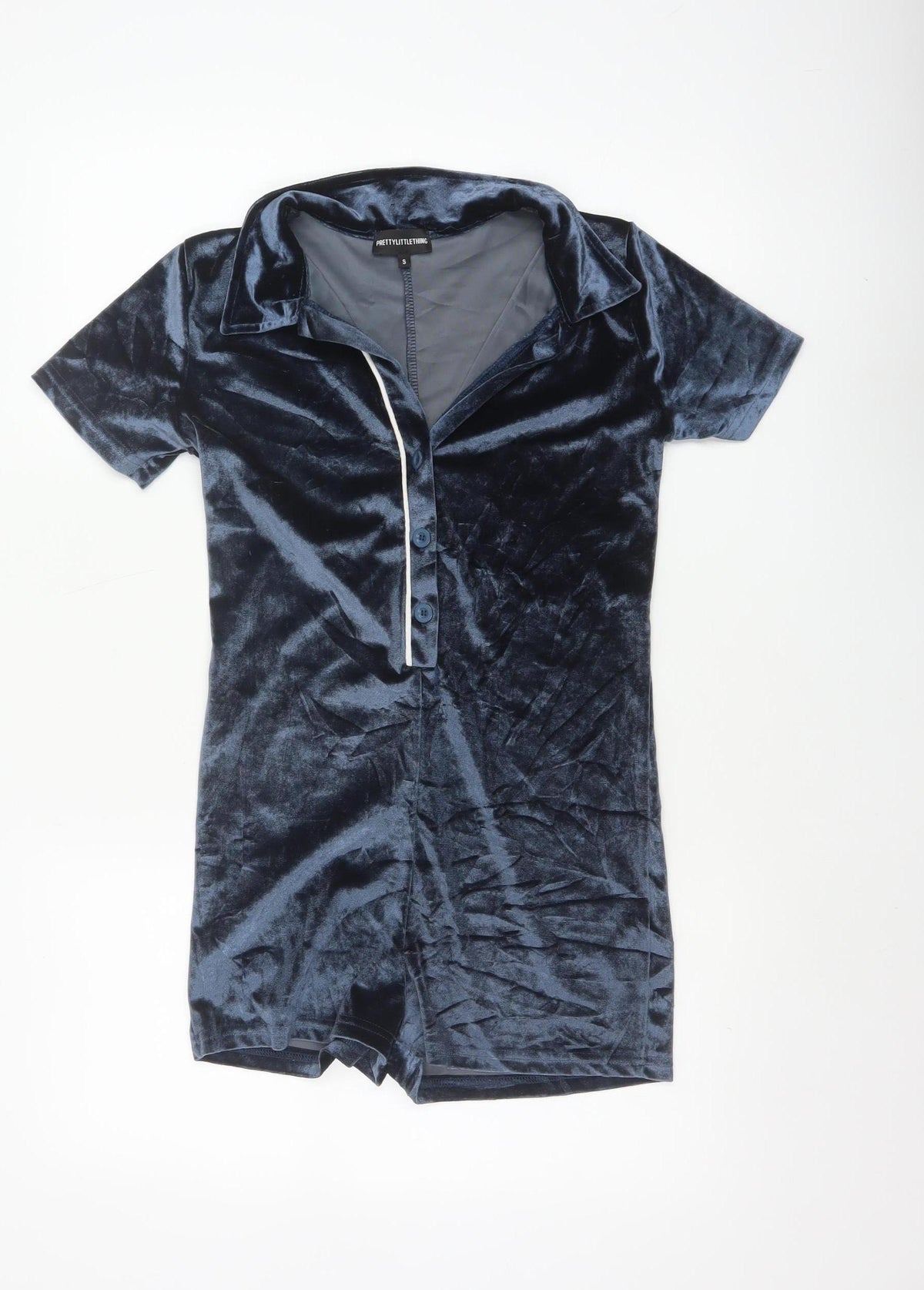 PrettyLittleThing Women Blue S Velvet Collared Button Playsuit