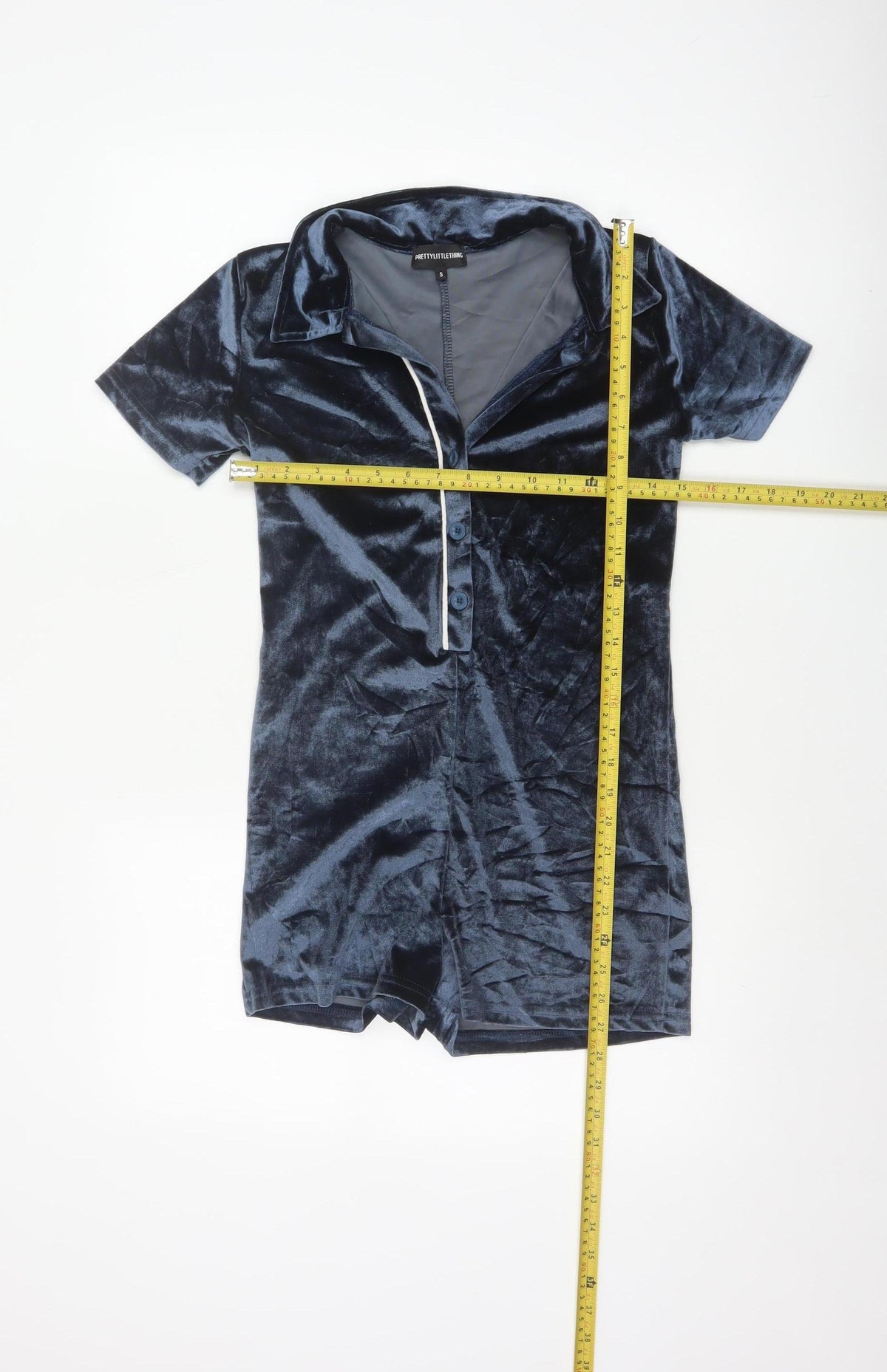 PrettyLittleThing Women Blue S Velvet Collared Button Playsuit
