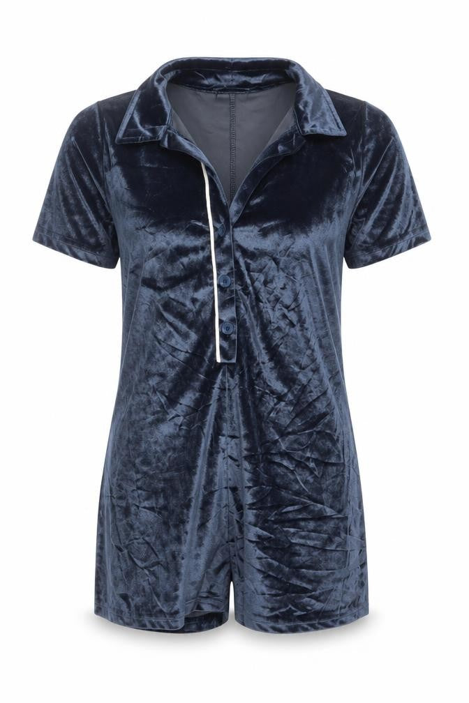 PrettyLittleThing Women Blue S Velvet Collared Button Playsuit