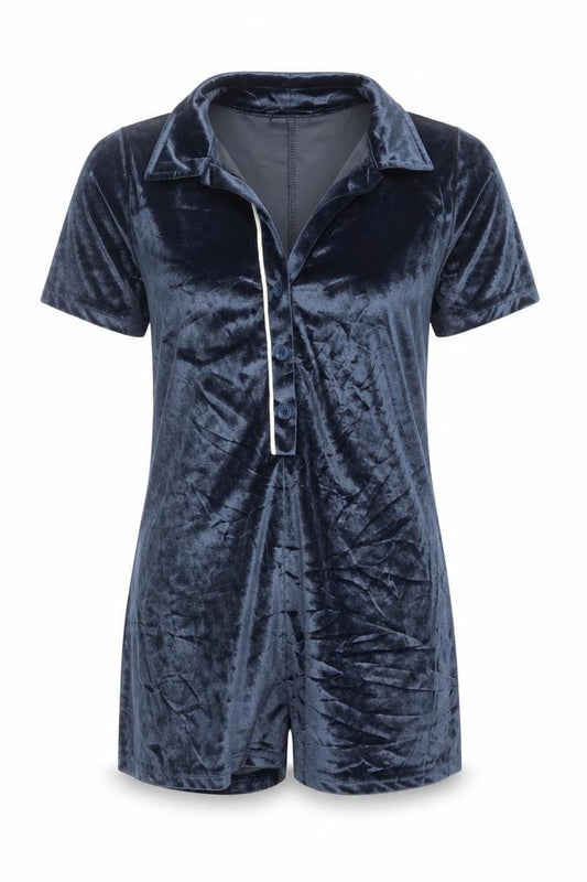 PrettyLittleThing Women Blue S Velvet Collared Button Playsuit