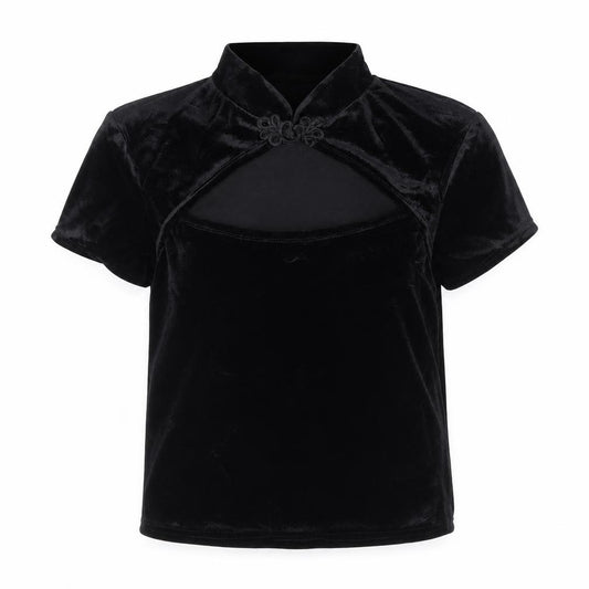 Urban Outfitters Women's Black M Velvet Basic High Neck Keyhole Top