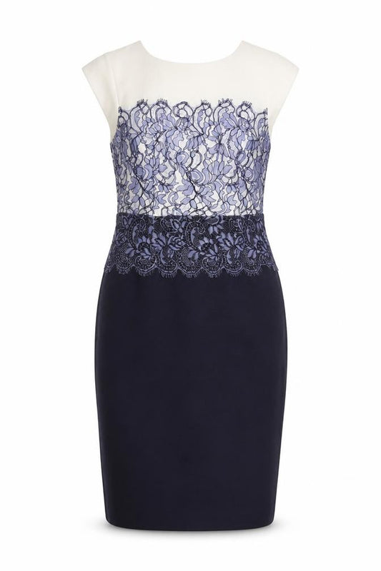 L.K. Bennett Women Blue Cream UK 10 Pencil Lace Occasion Dress