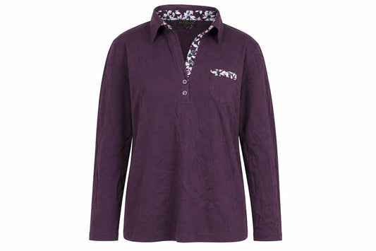 Mudflower Women’s Purple Size L Long Sleeve Jersey Polo Top Floral Trim