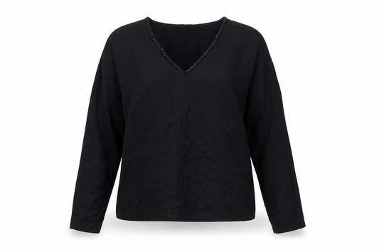 Religion London Women’s Black L V-Neck Beaded Long Sleeve Cotton Blouse
