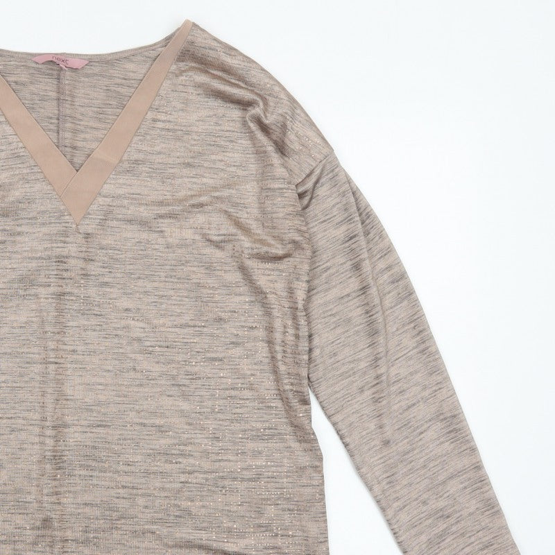 Next Women Beige Metallic V-Neck Long Sleeve Basic Jersey Top UK 16