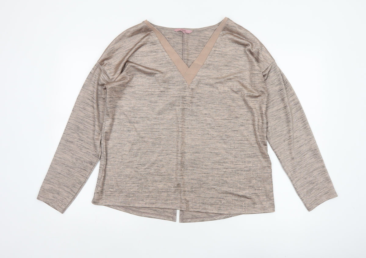 Next Women Beige Metallic V-Neck Long Sleeve Basic Jersey Top UK 16