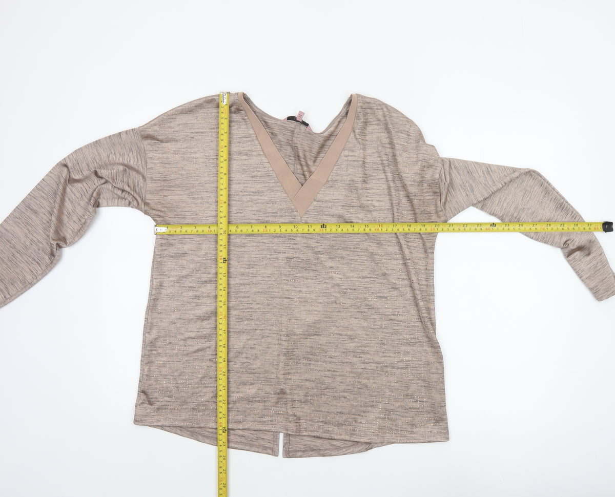 Next Women Beige Metallic V-Neck Long Sleeve Basic Jersey Top UK 16