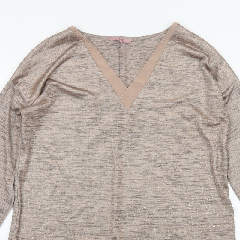 Next Women Beige Metallic V-Neck Long Sleeve Basic Jersey Top UK 16