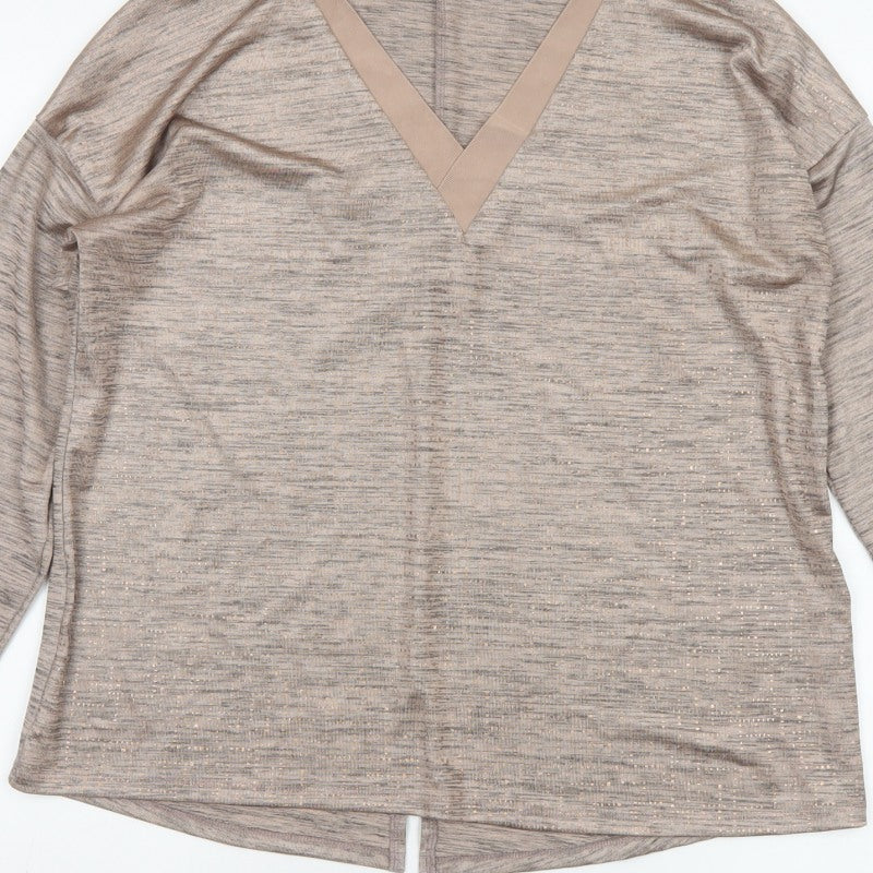 Next Women Beige Metallic V-Neck Long Sleeve Basic Jersey Top UK 16