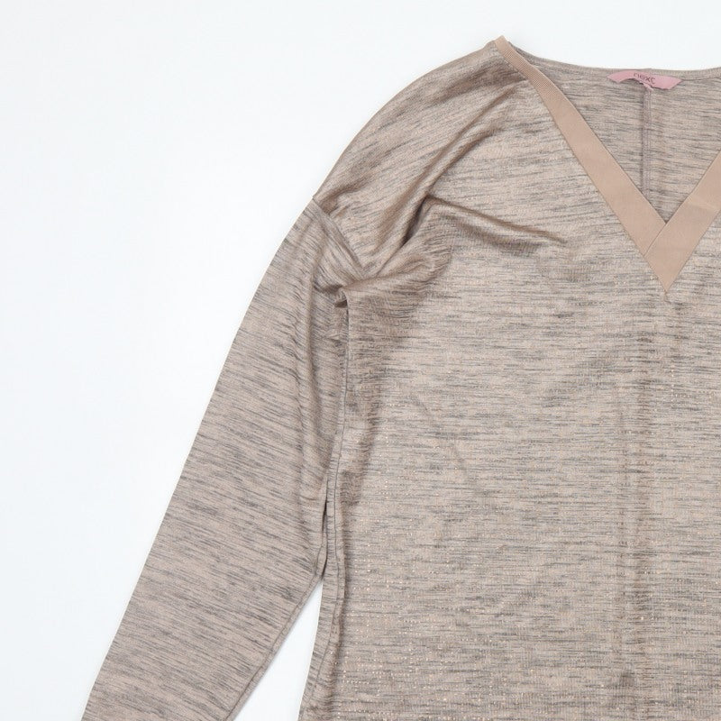 Next Women Beige Metallic V-Neck Long Sleeve Basic Jersey Top UK 16