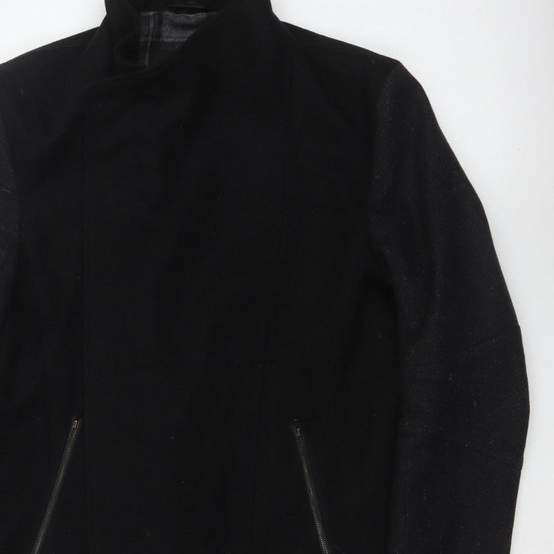 River Island Men’s Black L Long Overcoat Stand Collar Zip Pockets