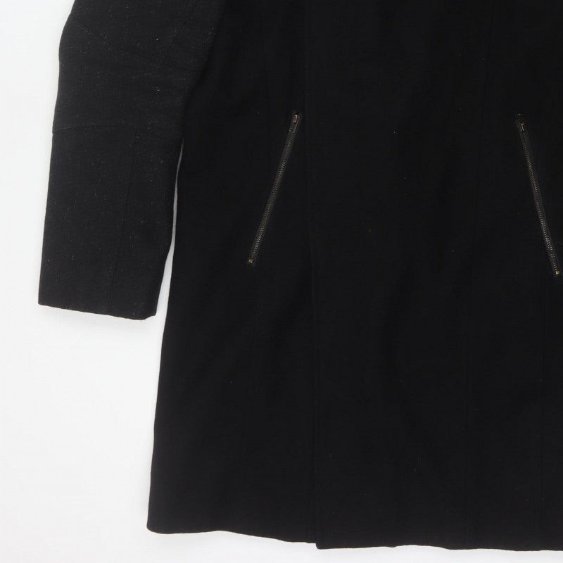 River Island Men’s Black L Long Overcoat Stand Collar Zip Pockets