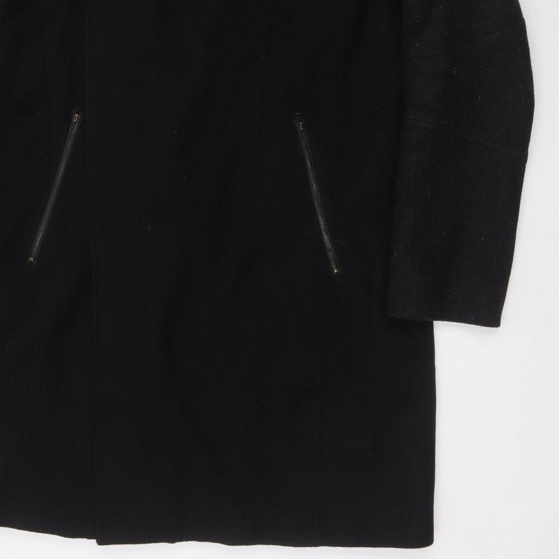 River Island Men’s Black L Long Overcoat Stand Collar Zip Pockets