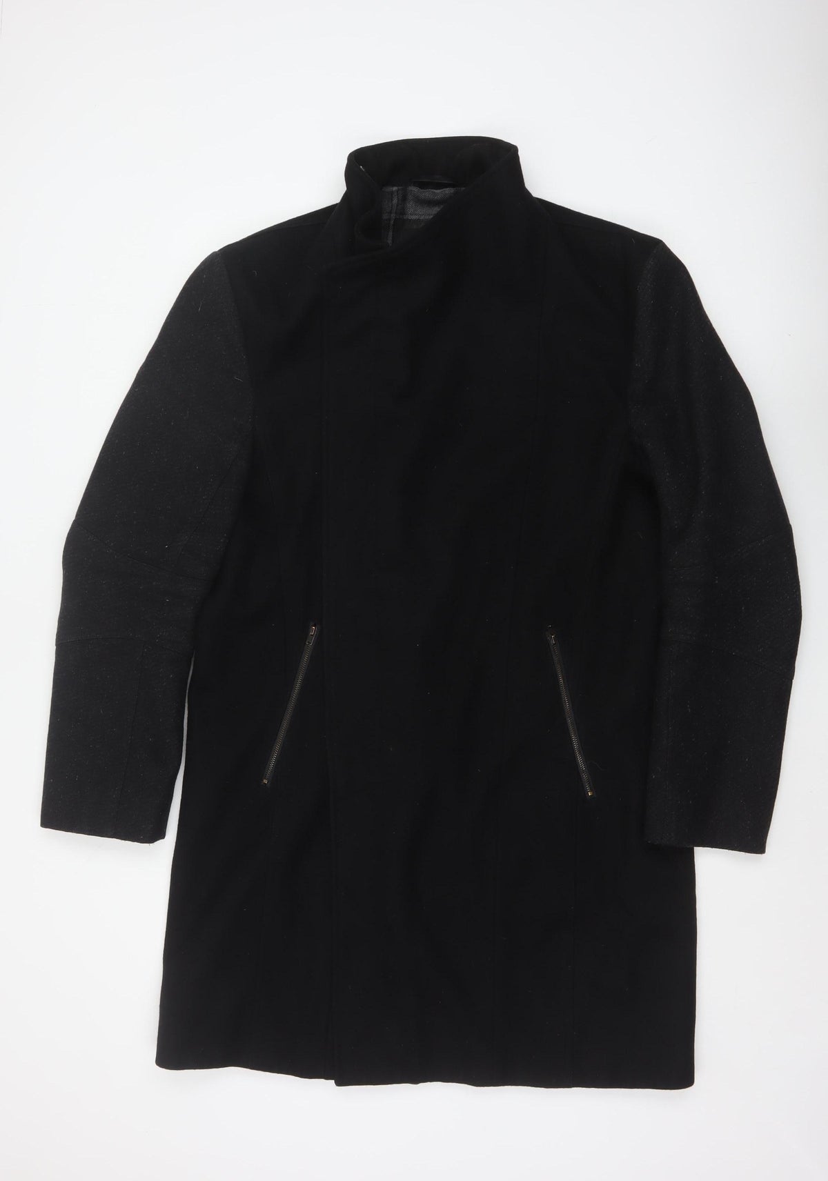 River Island Men’s Black L Long Overcoat Stand Collar Zip Pockets