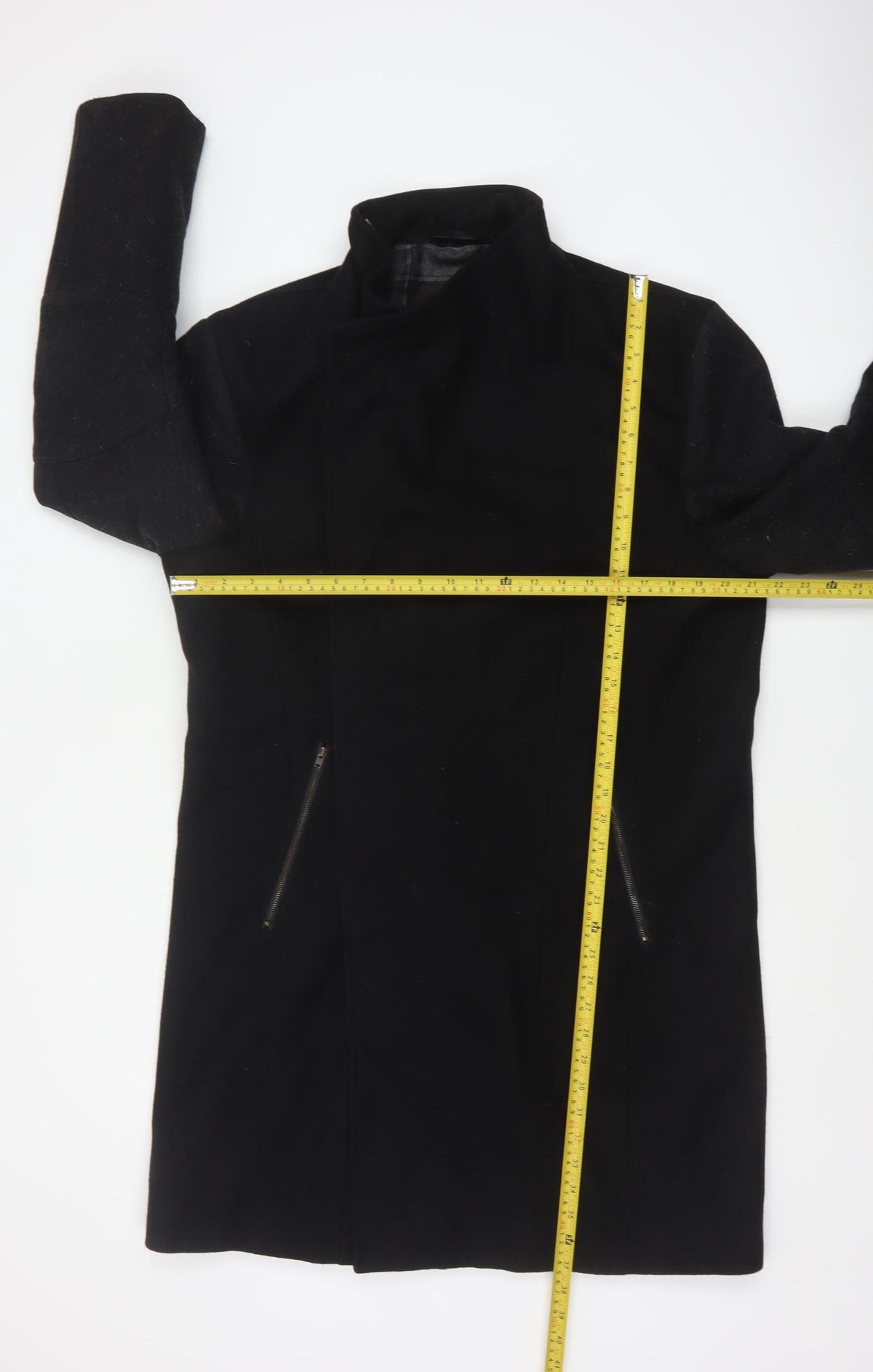 River Island Men’s Black L Long Overcoat Stand Collar Zip Pockets