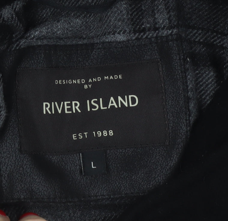 River Island Men’s Black L Long Overcoat Stand Collar Zip Pockets