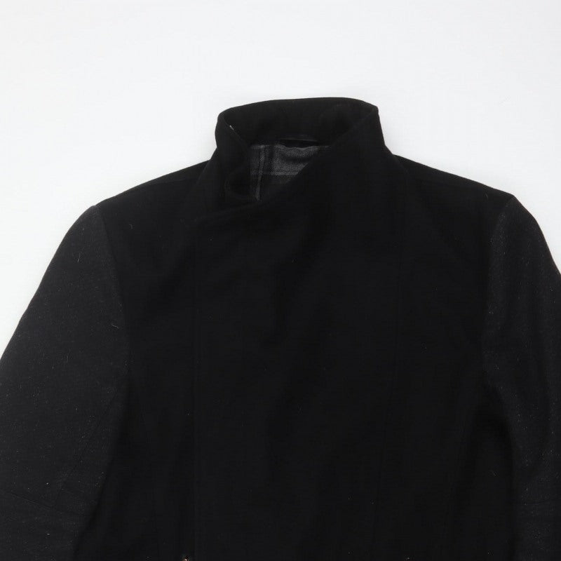 River Island Men’s Black L Long Overcoat Stand Collar Zip Pockets