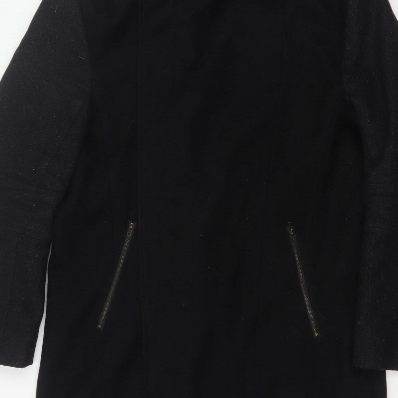River Island Men’s Black L Long Overcoat Stand Collar Zip Pockets