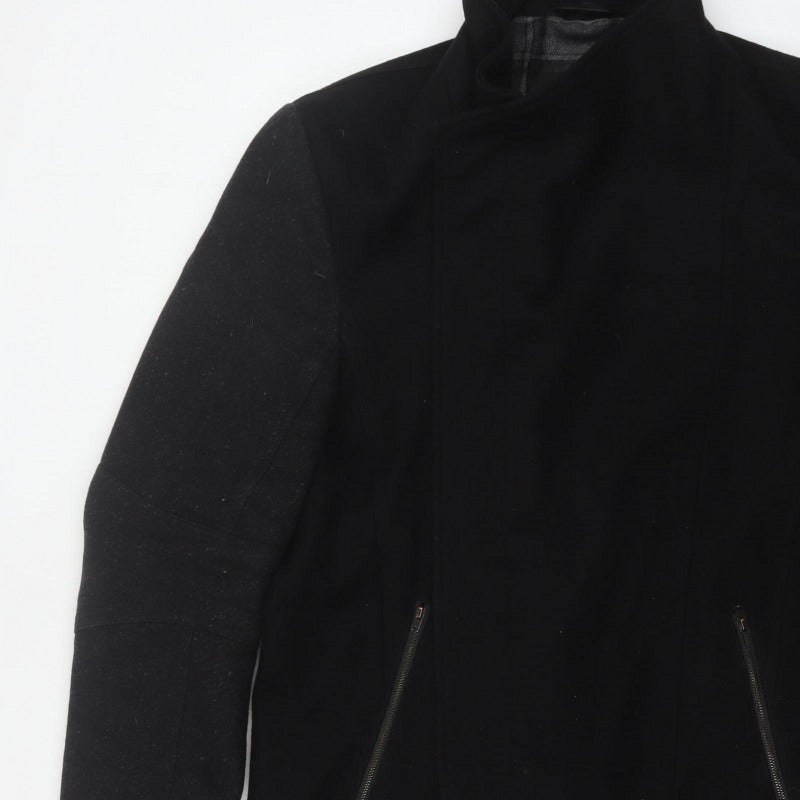 River Island Men’s Black L Long Overcoat Stand Collar Zip Pockets