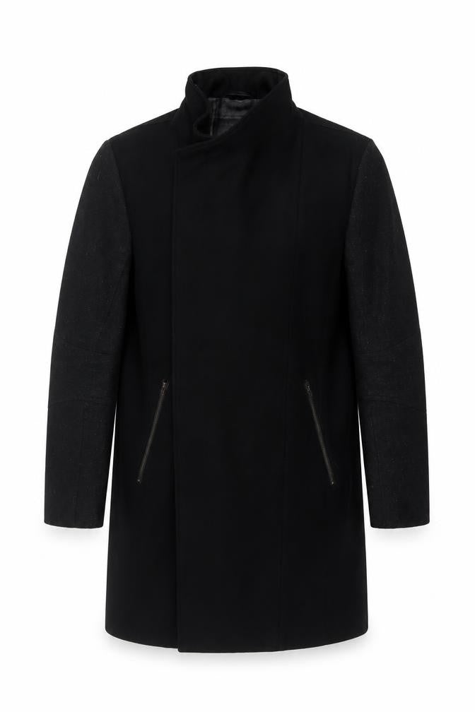 River Island Men’s Black L Long Overcoat Stand Collar Zip Pockets