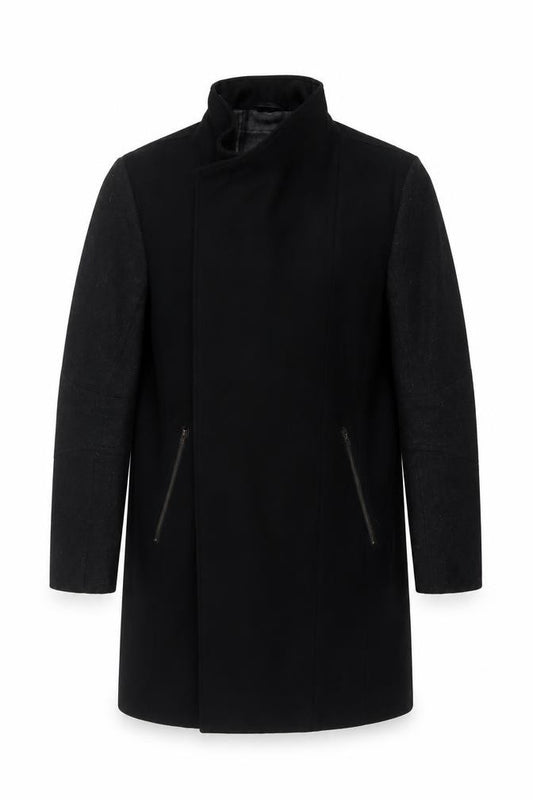 River Island Men’s Black L Long Overcoat Stand Collar Zip Pockets