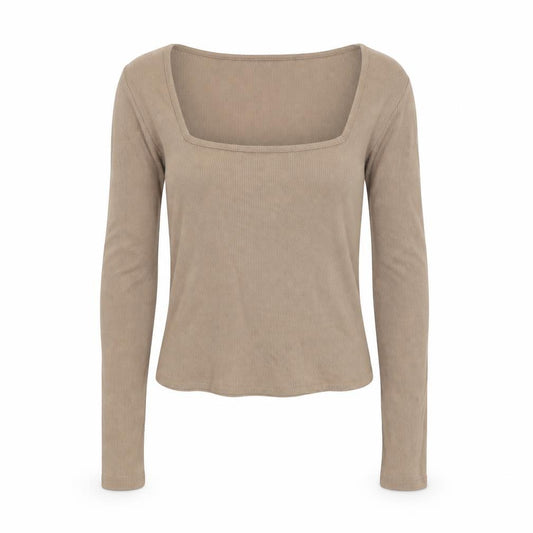 Zara Women Beige M Ribbed Square Neck Long Sleeve Slim Jersey Top