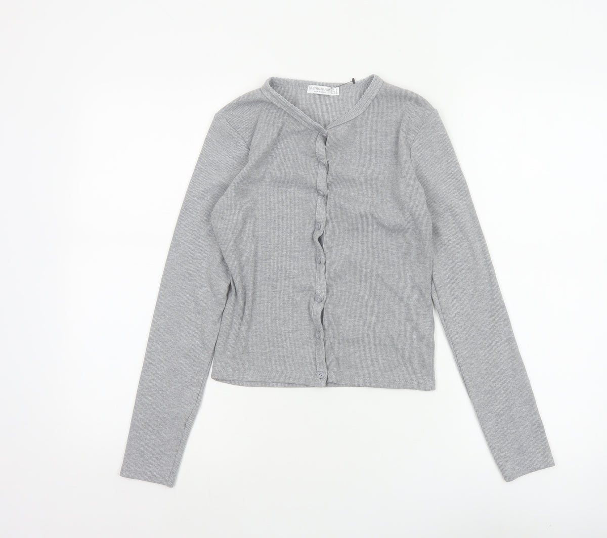 Stradivarius Women Grey S Ribbed Button-Up Long Sleeve Basic Top