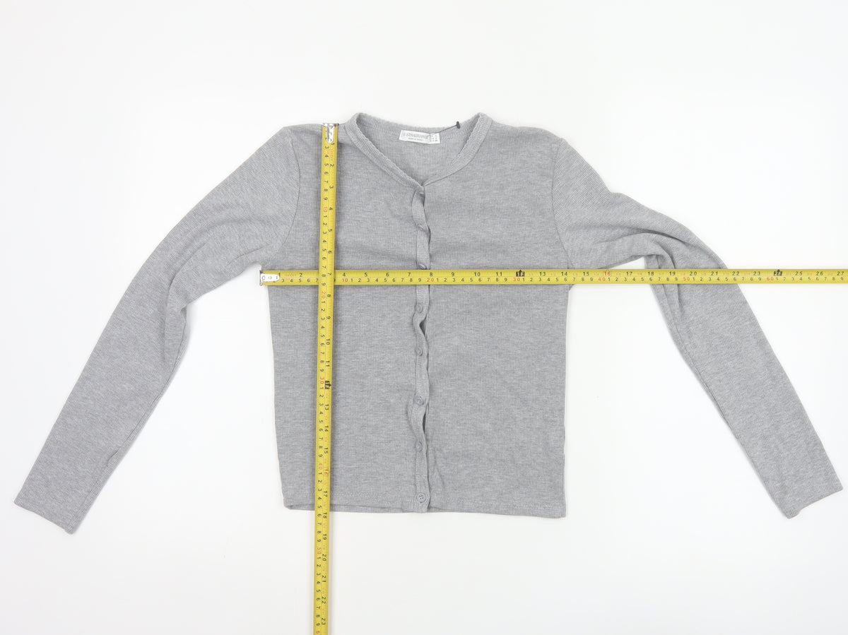 Stradivarius Women Grey S Ribbed Button-Up Long Sleeve Basic Top